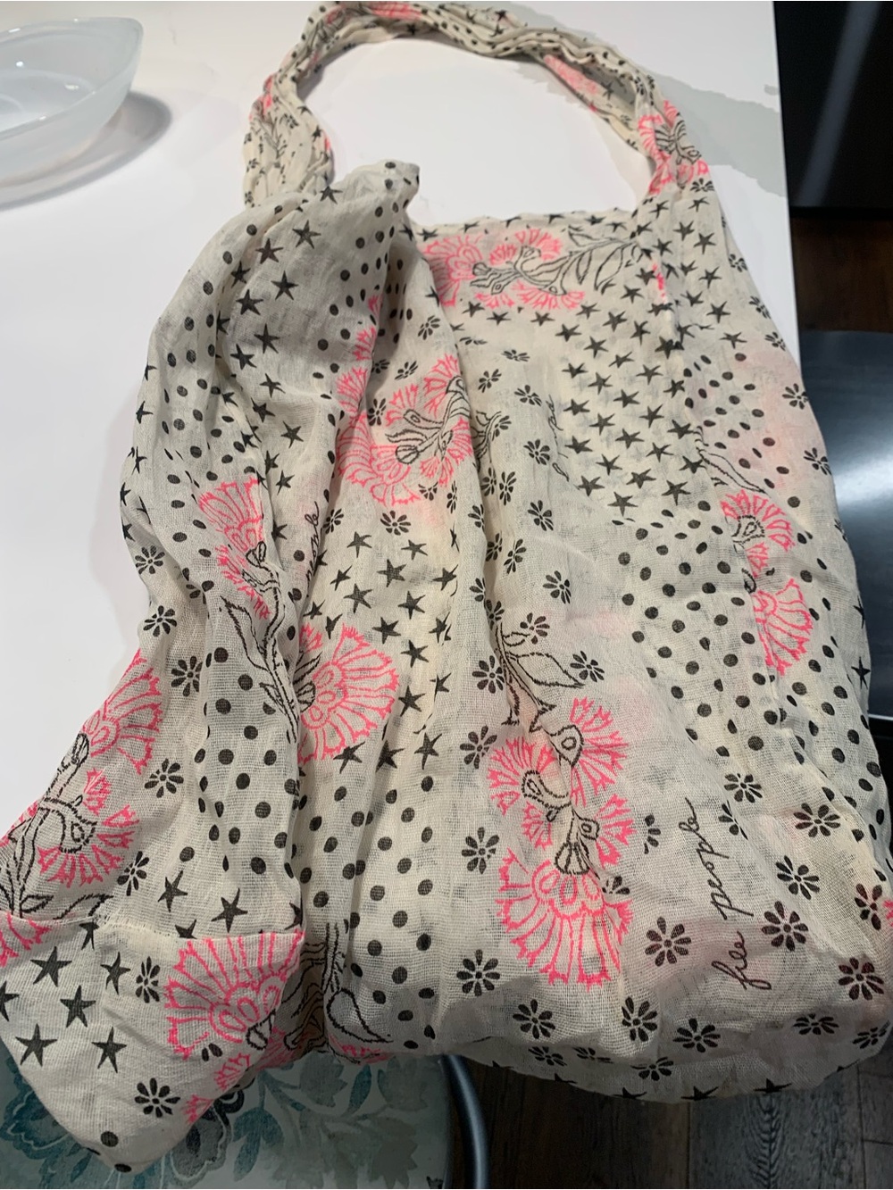 Free People Lightweight Beige gauze Tote with Neon Pink Floral Print